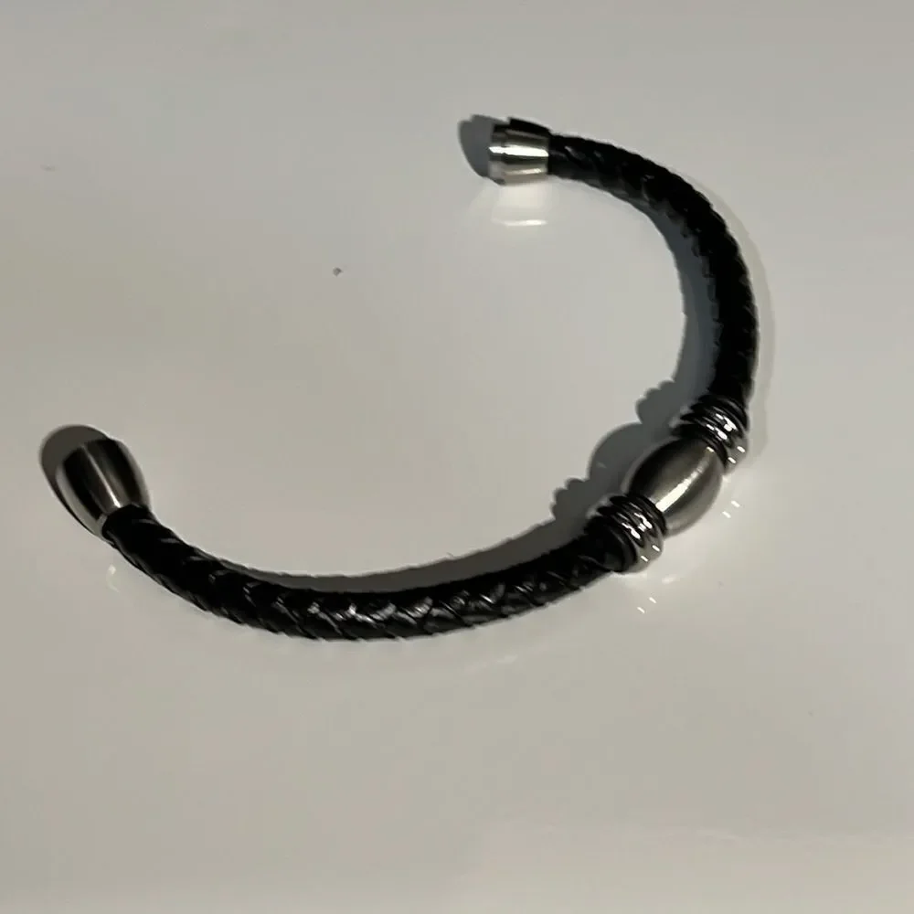 Leather Braided Bracelet with Silver Tone Hardware & Magnetic Closure